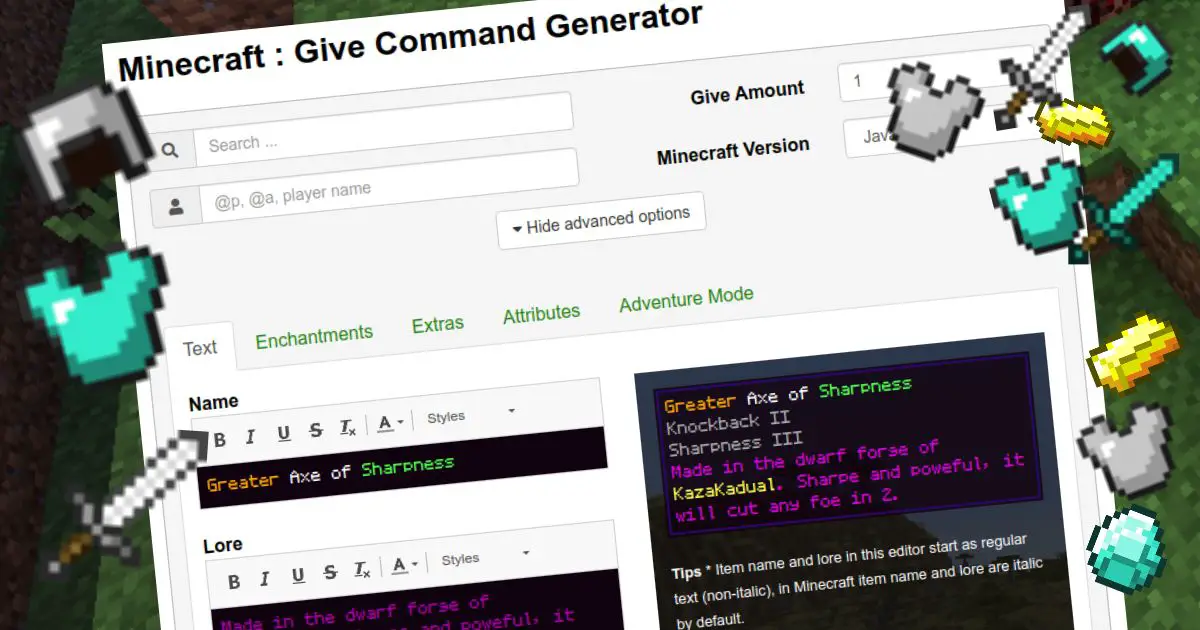 Minecraft, {$/dist/application/minecraft/give-command-generator|title}